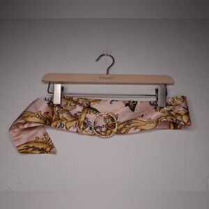 Julie Brown Pink & Gold Baroque Print Satin Belt‎ with Rhinestone Buckle
